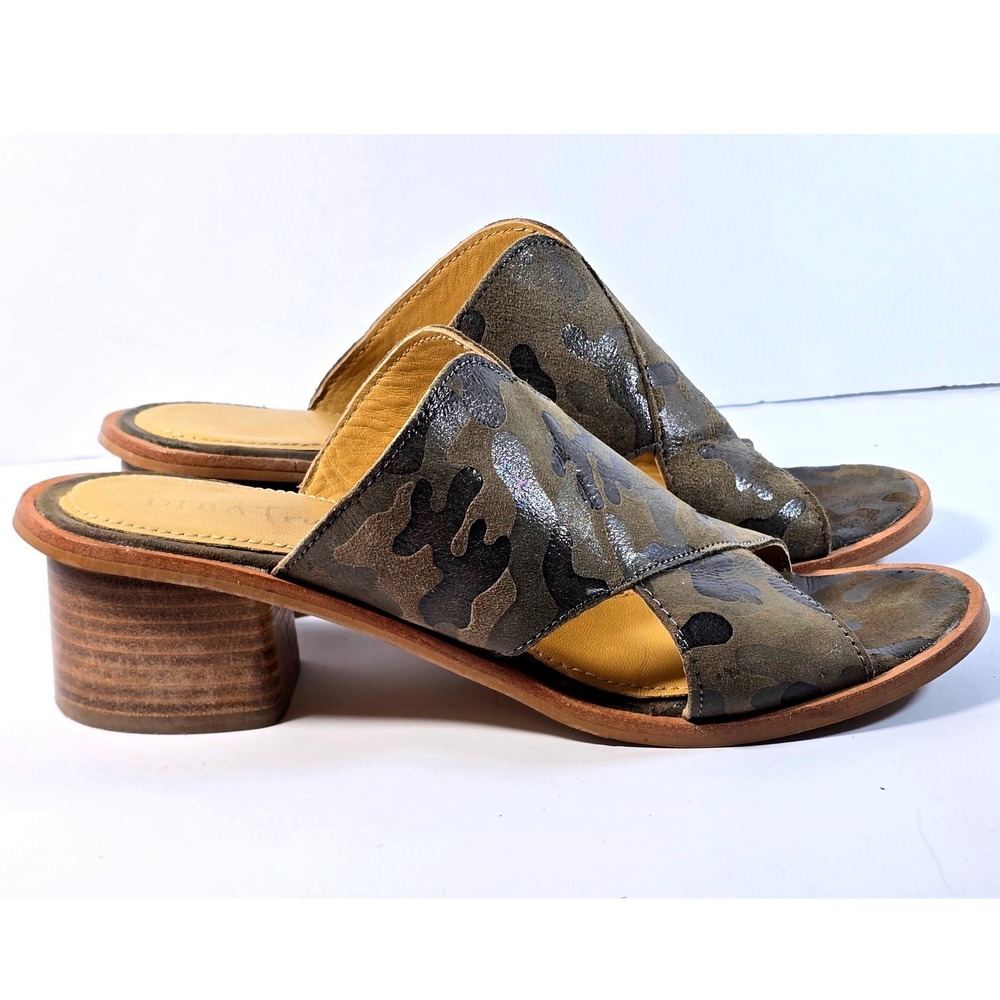 Diba True Block End Slide Sandals Camo Leather Block Heel Size 8 Metallic Olive